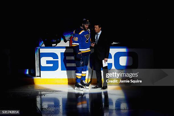 David Backes of the St. Louis Blues is interviewed on the ice prior to Game One of the Western Conference Final against the San Jose Sharks during...