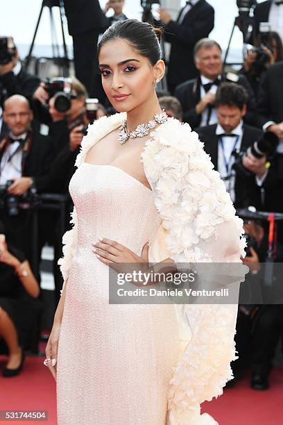 Actress Sonam Kapoor attends the "Loving" premiere during the 69th annual Cannes Film Festival at the Palais des Festivals on May 16, 2016 in Cannes,...