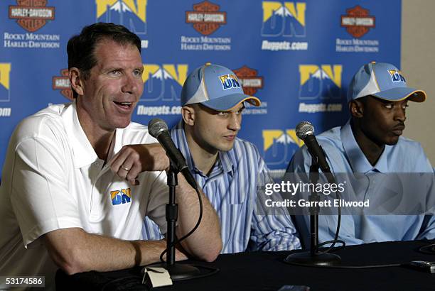 General manager Kiki Vandeweghe, Linas Kleiza and Julius Hodge of the Denver Nuggets during a press conference on June 30, 2005 at the Pepsi Center...