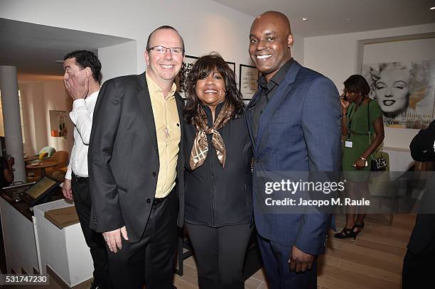 IMDb CEO & Founder Col Needham, Chaz Ebert and Toronto International Film Festival's Cameron Bailey attends IMDb's 2016 Dinner Party In Cannes at...