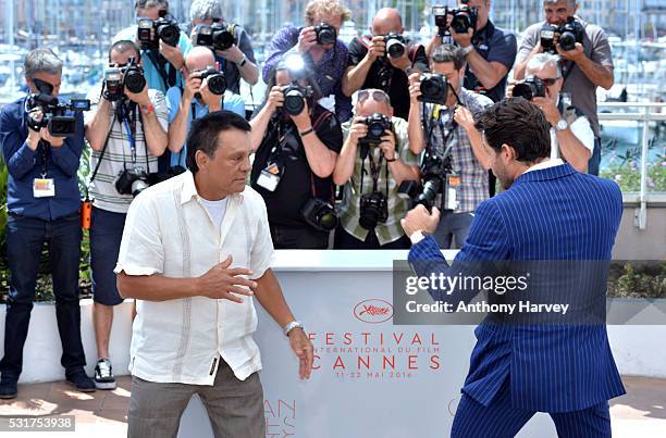 Roberto Duran and Edgar Ramirez attend the 'Hands Of Stone' Photocall at the annual 69th Cannes Film Festival at Palais des Festivals on May 16, 2016...