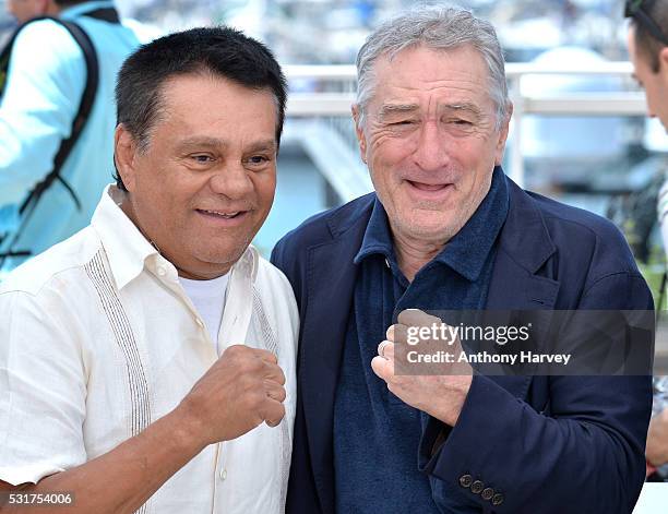 Roberto Duran and Robert De Niro attend the 'Hands Of Stone' Photocall at the annual 69th Cannes Film Festival at Palais des Festivals on May 16,...