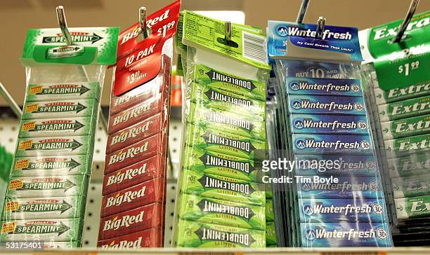 Packages of Wrigley's-brand chewing gum are displayed in a grocery store June 30, 2005 in Park Ridge, Illinois. Chicago-based Wm. Wrigley Jr. Has...