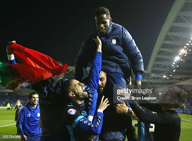 Lucas Joao of Sheffield Wednesday celebrates with team mates after the Sky Bet Championship Play Off semi final second leg match between Brighton &...