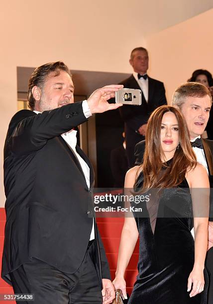 Russell Crowe and Actress Murielle Telio attend 'The Nice Guys' premiere during the 69th annual Cannes Film Festival at the Palais des Festivals on...