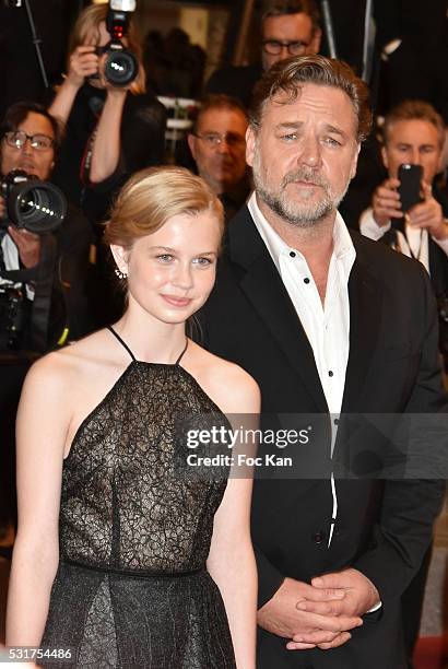 Russell Crowe and actress Angourie Rice attend 'The Nice Guys' premiere during the 69th annual Cannes Film Festival at the Palais des Festivals on...