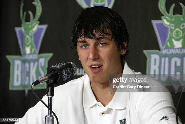 Number 1 overall pick in the 2005 NBA Draft Andrew Bogut of the Milwaukee Bucks speaks with the media at a press conference introducing him as the...