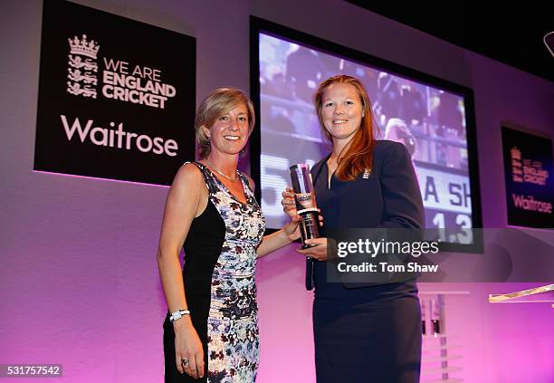 Anya Shrubsole of England receives the England Women's Cricketer of the Year award from Clare Connor of the ECB during the England Cricketer of the...