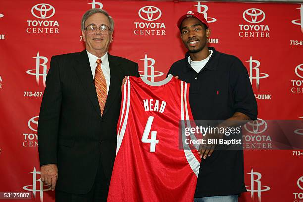 The Houston Rockets first round draft pick, Luther Head and Rockets General Manager, Carroll Dawson pose during a press conference June 29, 2005 at...