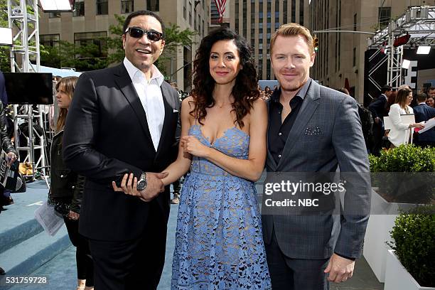 NBCUniversal Upfront in New York City on Monday, May 16, 2016" -- Pictured: Harry Lennix, Mozhan Marno, and Diego Klattenhof, "The Blacklist" on NBC...