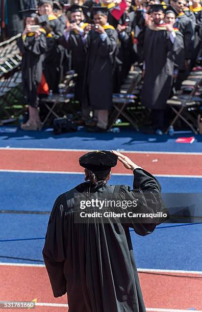 Actor/ writer and recipient of Doctor of Arts honorary degree, Lin Manuel Miranda salutes the graduates during University of Pennsylvania 260th...