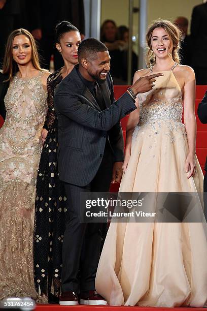 Georgina Chapman, Usher and his wife Grace Miguel and Ana de Armas attend the 'Hands Of Stone' premiere during the 69th annual Cannes Film Festival...