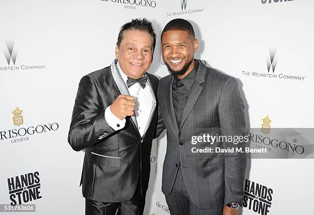 Roberto Duran and Usher Raymond attend The Weinstein Company's HANDS OF STONE Cocktail Party presented by de Grisogono at Terrasse by Albane in...