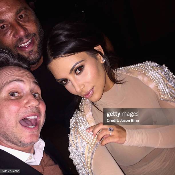 Jason Binn, Owner of Komodo and LIV David Grutman, and Kim Kardashian circa April 2016 in Miami, Florida.