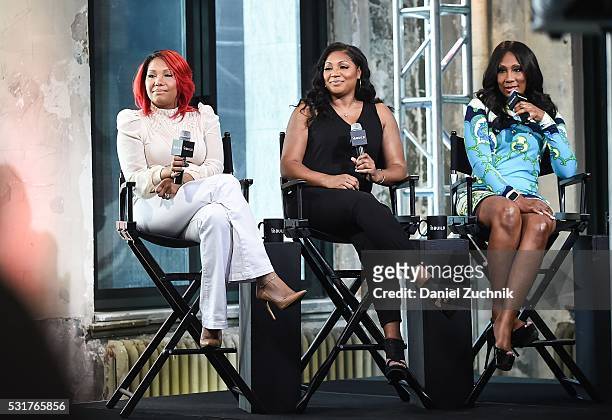 Traci Braxton, Trina Braxton and Towanda Braxton attend AOL Build to discuss the show 'Braxton Family Values' on May 16, 2016 in New York, New York.