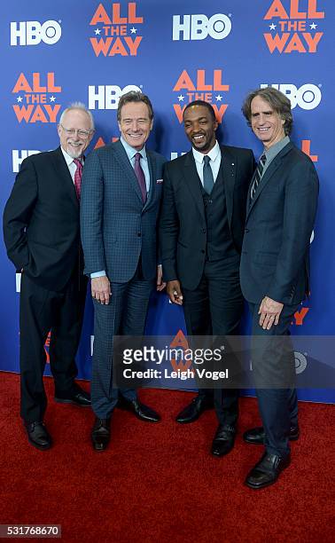Robert Schenkkan, Bryan Cranston, Anthony Mackie and Jay Roach pose for photos on the red carpet during the HBO "All the Way" premiere at The...