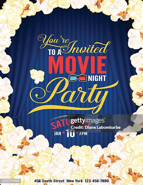 illustrazioni stock, clip art, cartoni animati e icone di tendenza di popcorn movie notte invito modello con tenda - abbigliamento formale