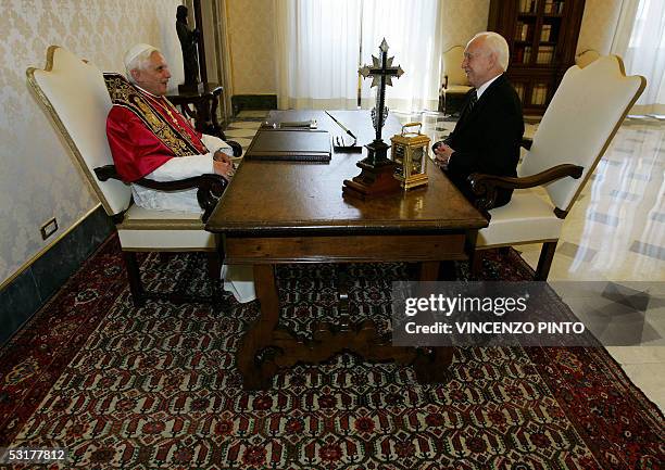 Vatican City, VATICAN CITY STATE: Pope Benedict XVI receives Hungarian President Ferenc Madl 01 July 2005 in his private library at the Vatican. AFP...