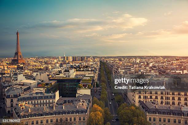 vista de los edificios de la ciudad de parís con la torre eiffel durante el atardecer (parís, francia) - paris skyline fotografías e imágenes de stock