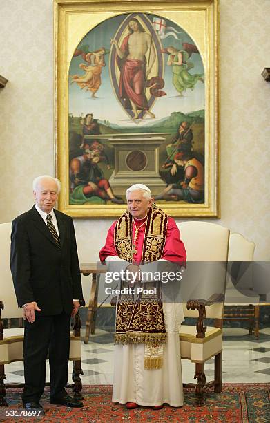 Pope Benedict XVI meets the President of Hungary Ferenc Madl at his private studio on July 1 in the Vatican City.