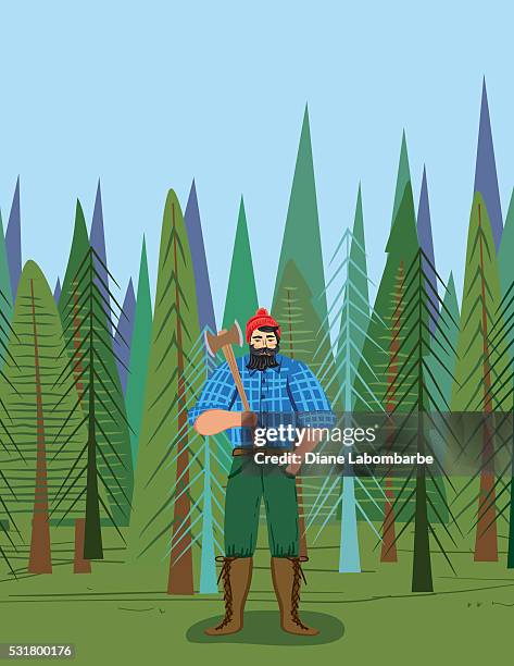 stockillustraties, clipart, cartoons en iconen met paul bunyan style lumberjack in the woods with an axe - paul bunyan