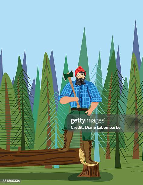 stockillustraties, clipart, cartoons en iconen met paul bunyan style lumberjack in the woods with an axe - paul bunyan