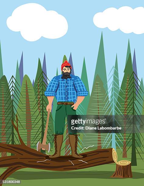 ilustraciones, imágenes clip art, dibujos animados e iconos de stock de paul bunyan estilo leñador en el bosque con un axé - leñador