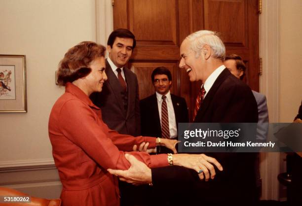 Supreme Court Justice Sandra Day O'Connor with Attorney General William French Smith before Senate hearings to confirm her as an Associate Justice of...