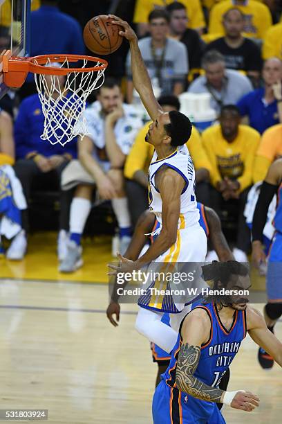 Shaun Livingston of the Golden State Warriors dunks the ball against the Oklahoma City Thunder during game one of the NBA Western Conference Final at...