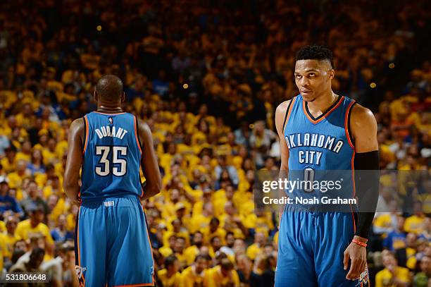 Kevin Durant and Russell Westbrook of the Oklahoma City Thunder during Game One of the Western Conference Finals during the 2016 NBA Playoffs against...