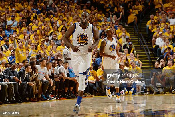 Draymond Green of the Golden State Warriors runs up court against the Oklahoma City Thunder during Game One of the Western Conference Finals during...