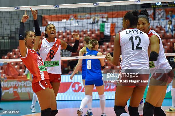 Players of Peru celebrates a point prior to the Women's World Olympic Qualification game between Kazakhstan and Peru at Tokyo Metropolitan Gymnasium...