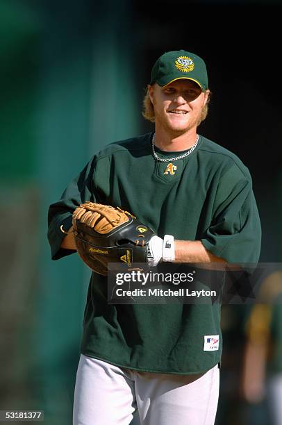 Dan Johnson of the Oakland Athletics before a game against the Washington Nationals on JUNE 8, 2005 at RFK Stadium in Washington D.C. The Nationals...