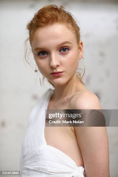 Model poses a she prepares backstage ahead of the Bec & Bridge show at Mercedes-Benz Fashion Week Resort 17 Collections at Carriageworks on May 17,...