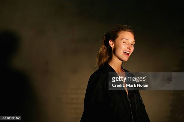 Model winks as she prepares backstage ahead of the Bec & Bridge show at Mercedes-Benz Fashion Week Resort 17 Collections at Carriageworks on May 17,...
