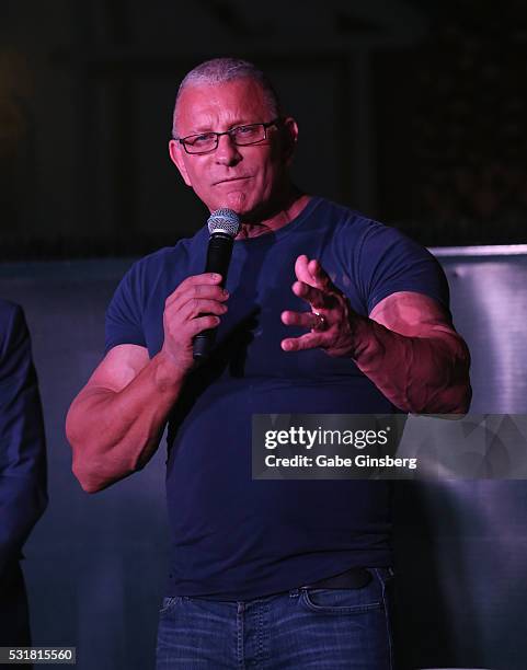 Chef Robert Irvine speaks at a press conference to announce his new restaurant concept at the Tropicana Las Vegas on May 16, 2016 in Las Vegas,...