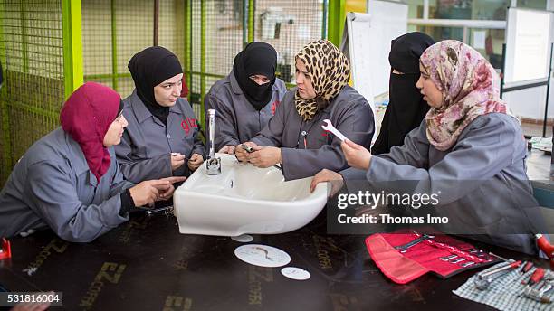 Irbid, Jordan In a vocational school in the Jordanian Irbid Syrian refugees are trained as a plumber inside on April 04, 2016 in Irbid, Jordan.