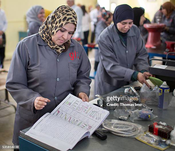 Irbid, Jordan In a vocational school in the Jordanian Irbid Syrian refugees are trained as a plumber inside on April 04, 2016 in Irbid, Jordan.