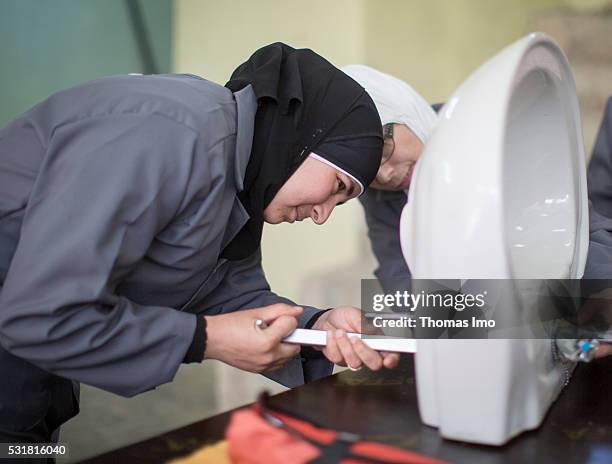 Irbid, Jordan In a vocational school in the Jordanian Irbid Syrian refugees are trained as a plumber inside on April 04, 2016 in Irbid, Jordan.