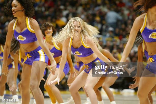 The Los Angeles Lakers' dancers the Laker Girls perform before play against the Memphis Grizzlies at Staples Center on December 20, 2004 in Los...