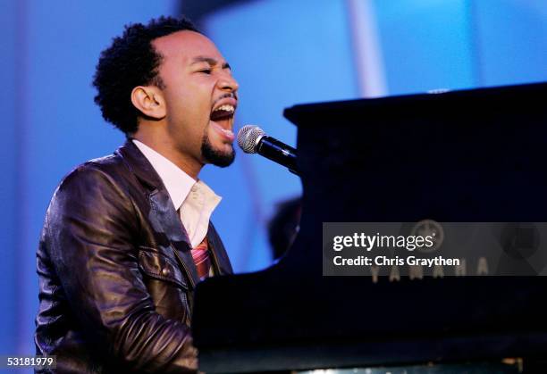 Musician John Legend performs at the 2005 Essence Festival at the New Orleans Superdome on July 1, 2005 in New Orleans, Louisiana.