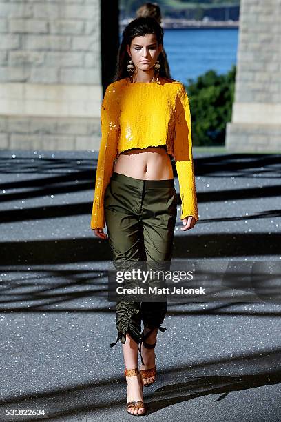 Model walks the runway during the Manning Cartell show at Mercedes-Benz Fashion Week Resort 17 Collections at Bradfield Plaza on May 17, 2016 in...