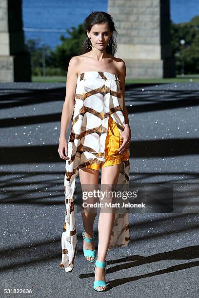 Model walks the runway during the Manning Cartell show at Mercedes-Benz Fashion Week Resort 17 Collections at Bradfield Plaza on May 17, 2016 in...