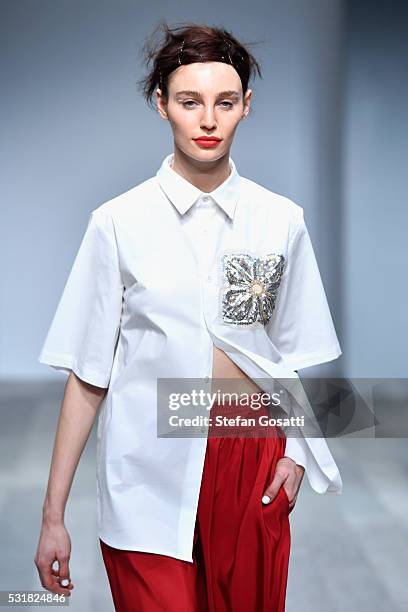 Model walks the runway during the Akira show at Mercedes-Benz Fashion Week Resort 17 Collections at Carriageworks on May 17, 2016 in Sydney,...