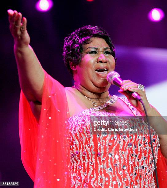 Singer Aretha Franklin performs at the 2005 Essence Festival at the New Orleans Superdome on July 1, 2005 in New Orleans, Louisiana.