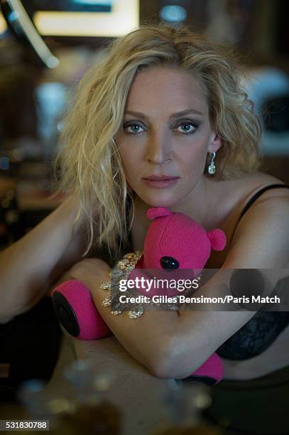 Actor Uma Thurman ambassadress to jewellery designer Chopard is photographed for Paris Match in the house of Caroline Scheufele co-director of...