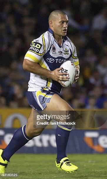 Paul Rauhihi of the Cowboys in action during the round 17 NRL match between the North Queensland Cowboys and the Warriors at Dairy Farmers Stadium on...