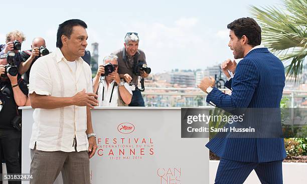 Roberto Duran and Edgar Ramirez attend the "Hands Of Stone" Photocall at the annual 69th Cannes Film Festival at Palais des Festivals on May 16, 2016...