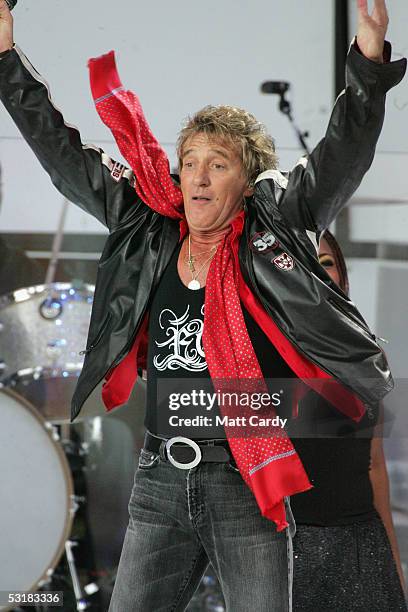 Rod Stewart plays Ashton Gate Stadium on July 1, 2005 in Bristol, England.