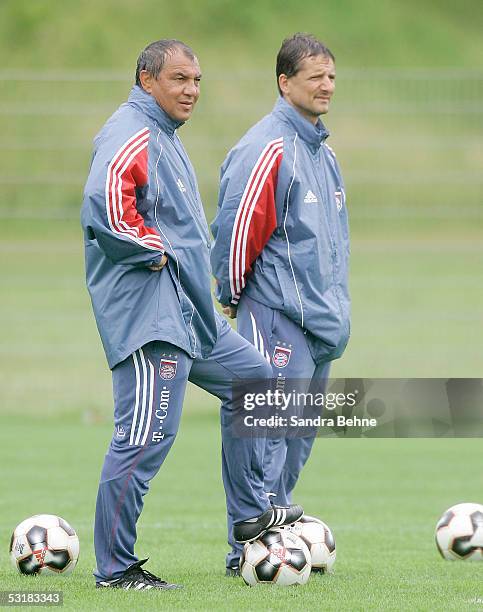 Coach Felix Magath and Fitness Coach Werner Leuthard during Bayern Munich training for the Bundesliga Season 2005 - 2006 on July 2, 2005 in Munich,...